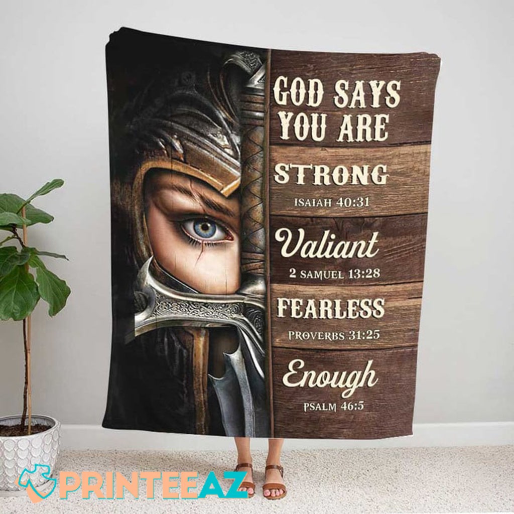 God Says You Are Strong Women Bible Verse Fleece Throw Quilt Blanket With Female Warrior And Knight Of God - PrinteeAZ