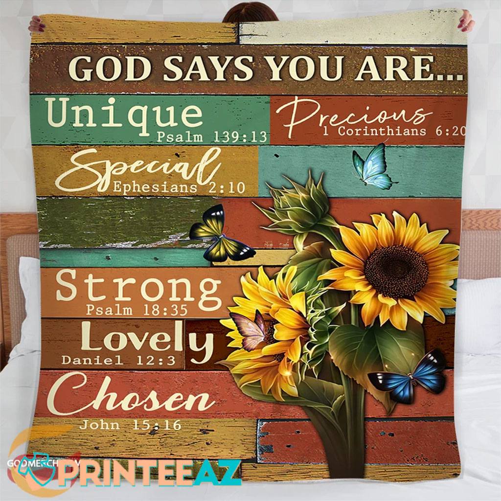 God Says You Are Sunflower Bible Verse Fleece Throw Quilt Blanket With Colorful Butterfly - PrinteeAZ