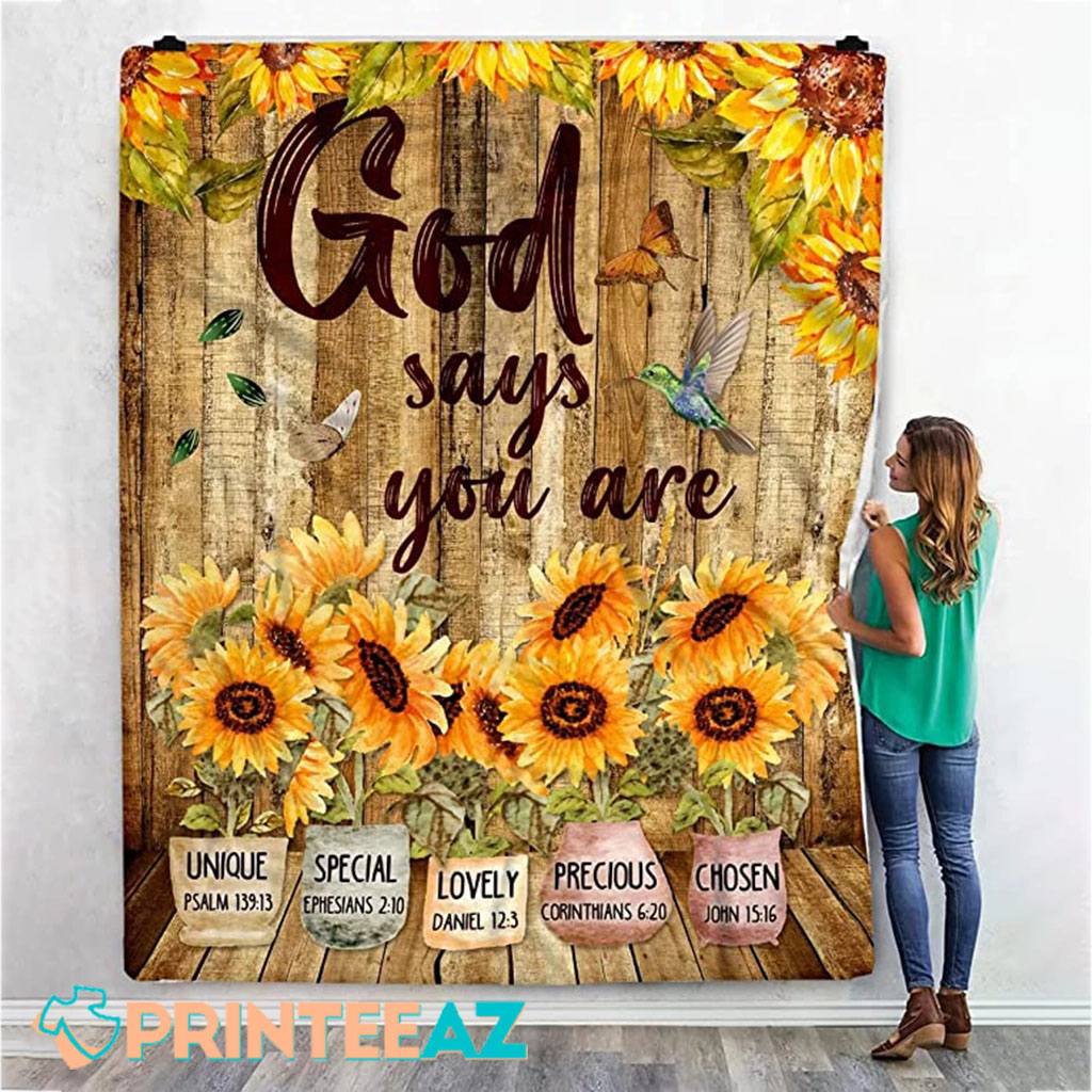 God Says You Are Sunflower Bible Verse Fleece Throw Quilt Blanket With Hummingbird - PrinteeAZ