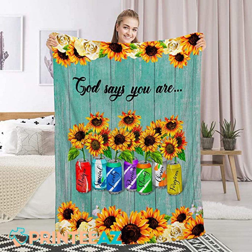 God Says You Are Sunflower Cans Fleece Throw Quilt Blanket With Blue Wooden - PrinteeAZ