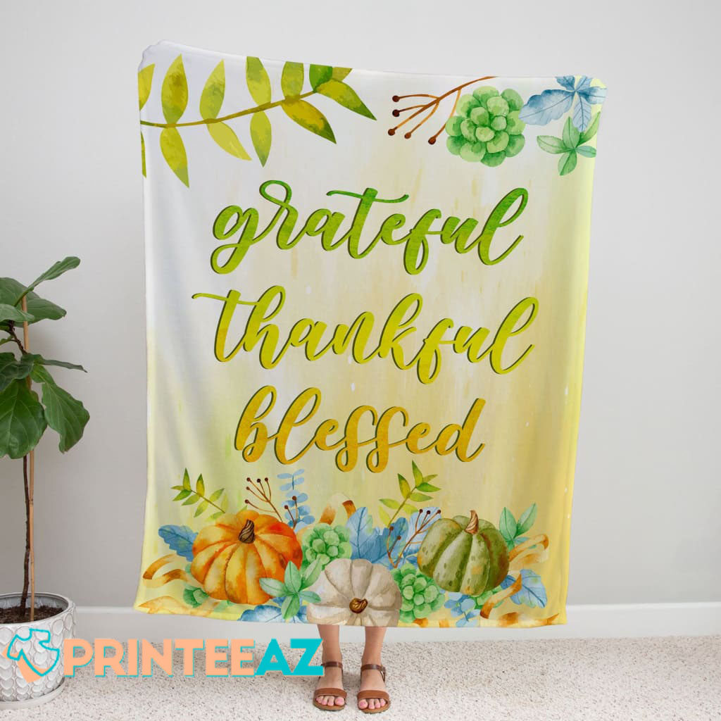 Grateful Thankful Blessed Fleece Throw Quilt Blanket Green With Flower - PrinteeAZ