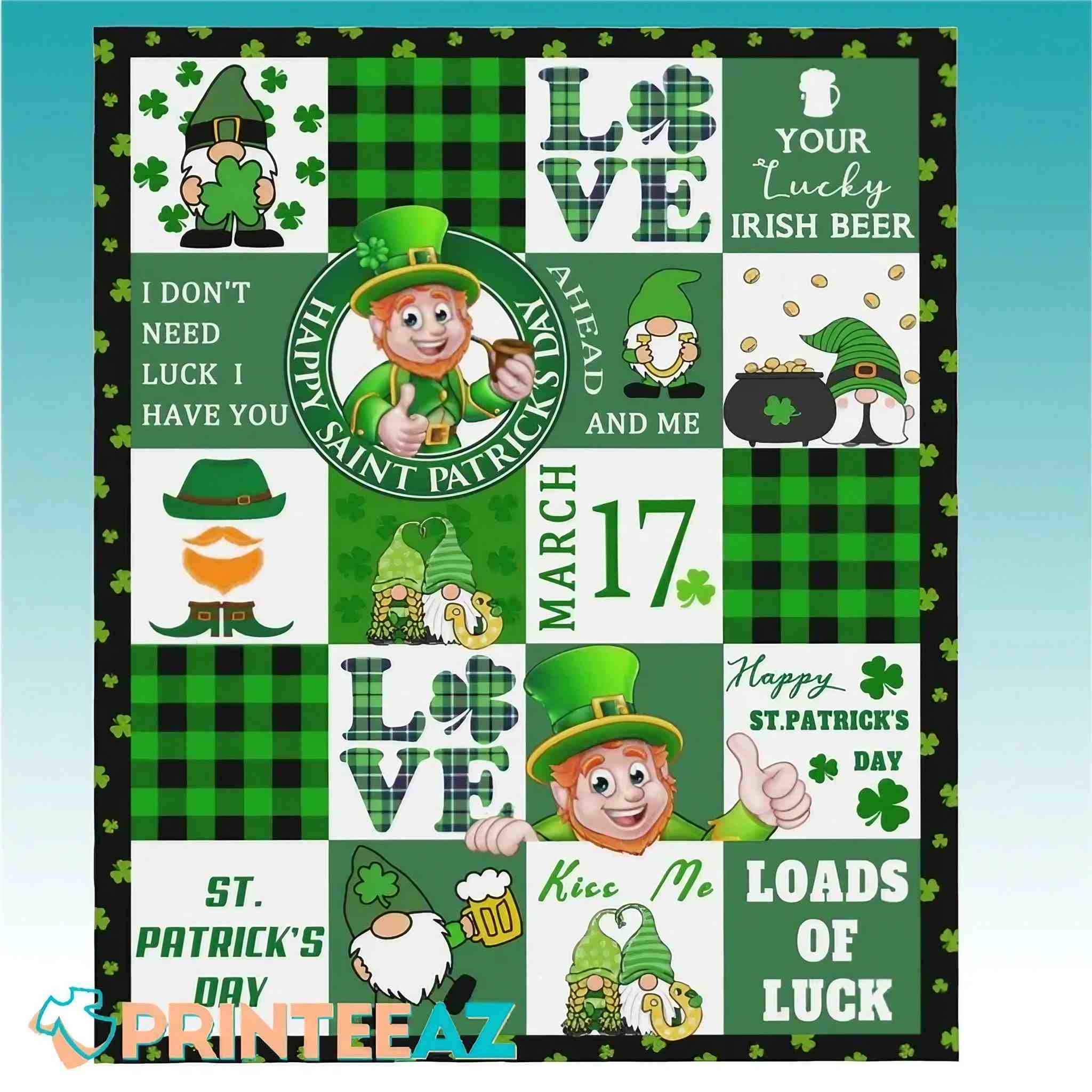 Green Lucky Clover St Patrick_s Day Fleece Throw Quilt Blanket With Leprechaun - PrinteeAZ