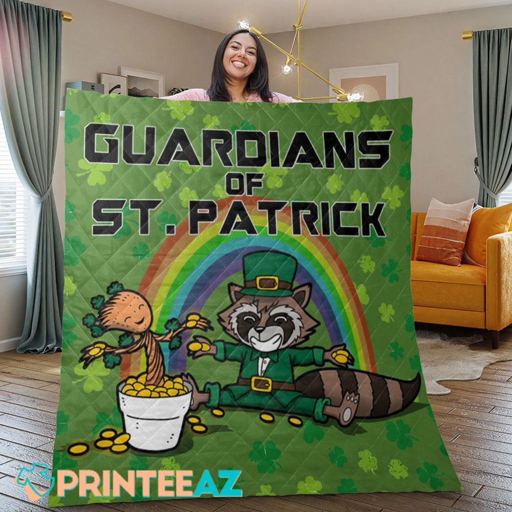 Groot St Patrick_s Day Fleece Throw Quilt Blanket With Rainbow And Raccoon - PrinteeAZ