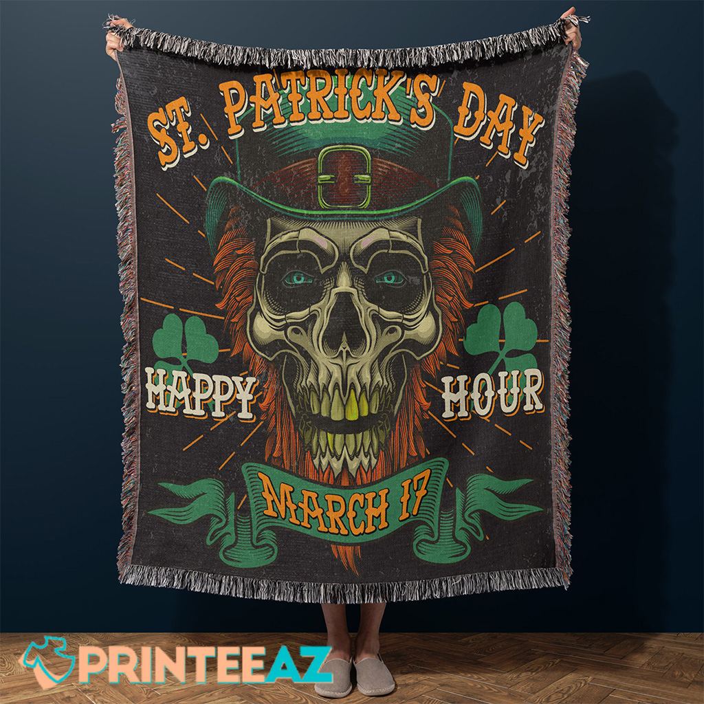 Happy Hour St Patrick_s Day Fleece Throw Quilt Blanket Brown With Skeleton - PrinteeAZ