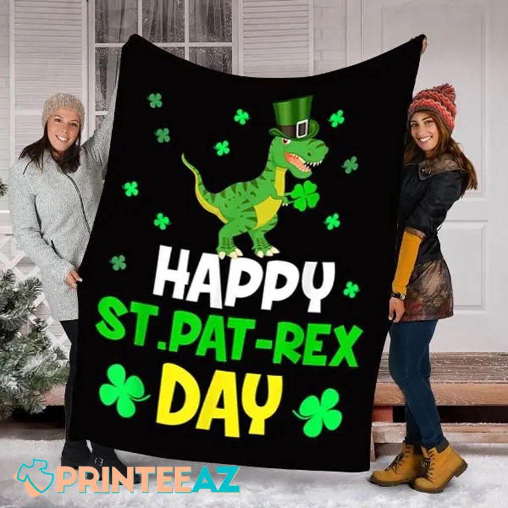 Happy St Pat T Rex Day Fleece Throw Quilt Blanket With Shamrocks - PrinteeAZ