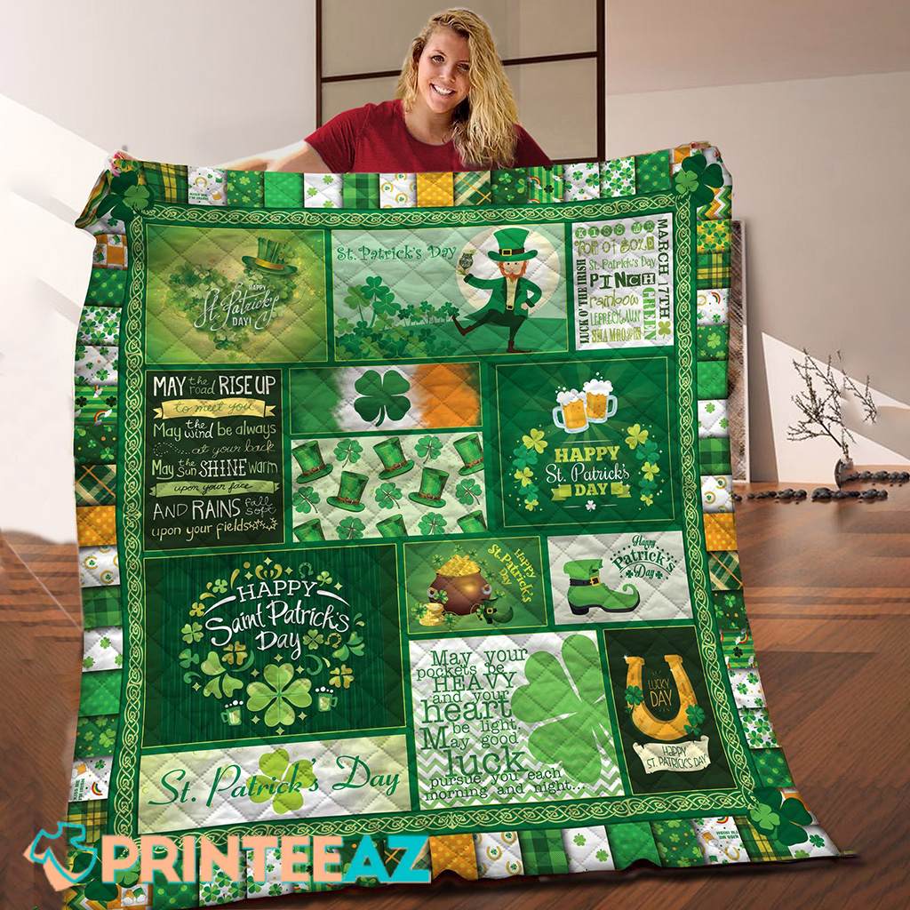 Happy St Patrick_s Day Fleece Throw Quilt Blanket Green With Leprechauns, Horseshoe And Shamrocks - PrinteeAZ