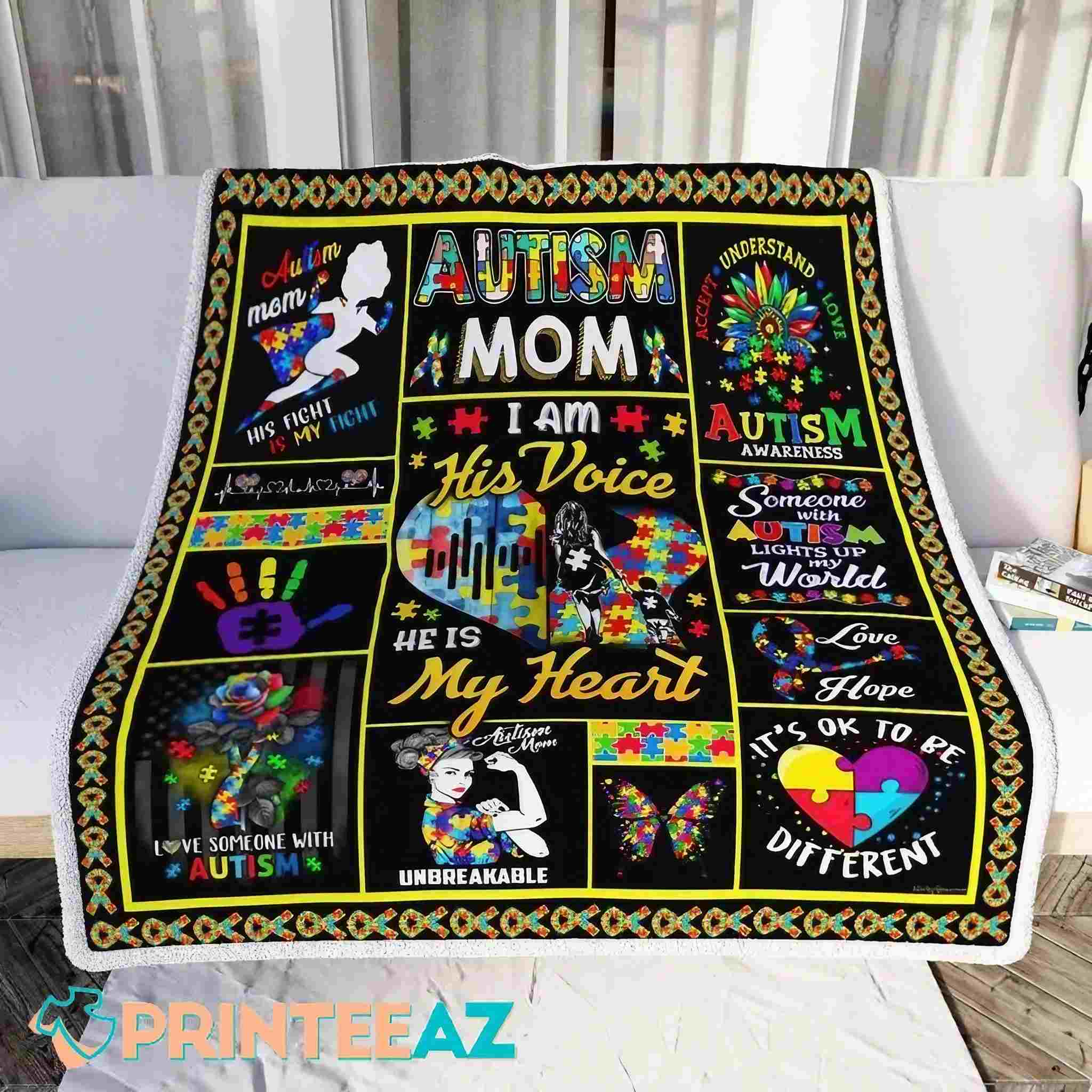 He Is My Heart Autism Awareness Fleece Throw Quilt Blanket With Puzzle Pieces - PrinteeAZ