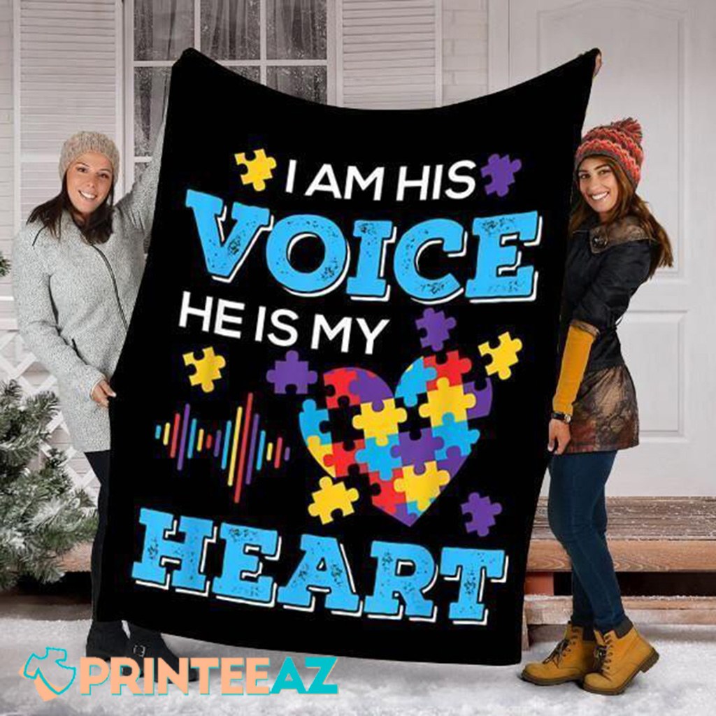 I Am His Voice Autism Awareness Fleece Throw Quilt Blanket With Puzzle Heart - PrinteeAZ