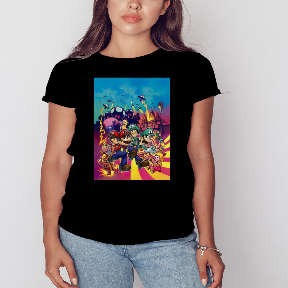 Mario and luigI with their baby alter egos on their backs and all manner of chaos in the shirt 2 Women's tshirt