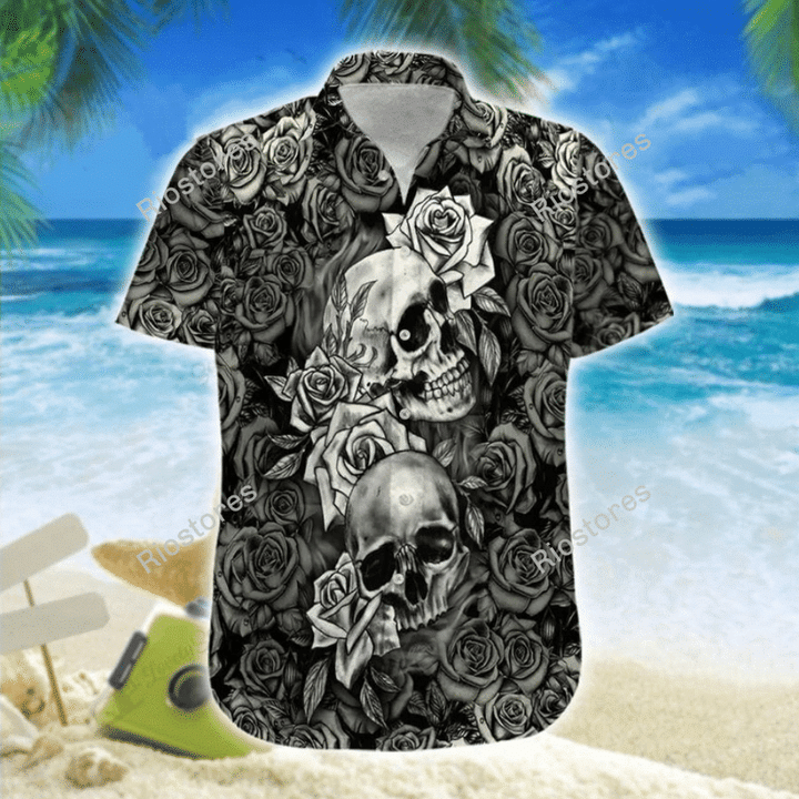 Black And White Skull Rose Black Unique Design Unisex Hawaiian Shirt