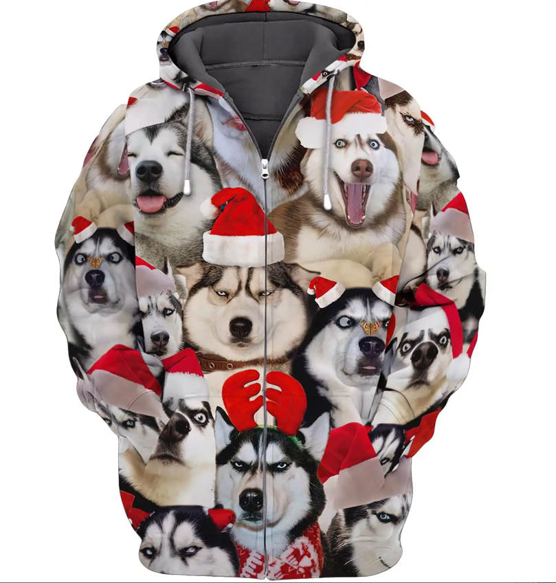 Christmas Husky Hoodie, Cute Husky Pattern Christmas Sweater Hoodie, For Dog Lovers, 3D Sweatshirt, All Over Printed Perfects 3D Hoodie, Zip Hoodie