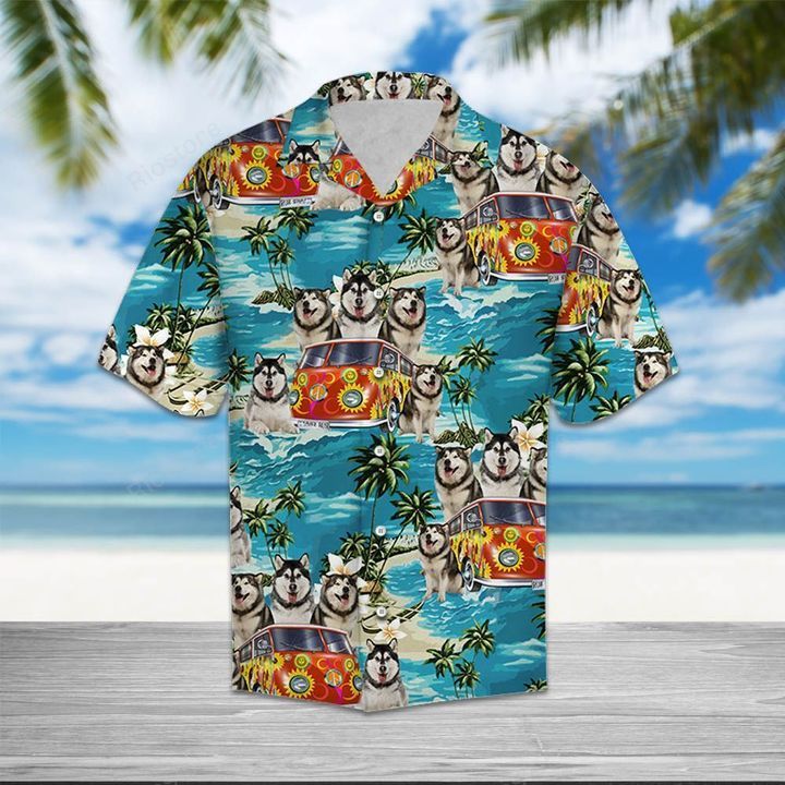 Alaskan Malamute Hippie Summer Blue Nice Design Unisex Hawaiian Shirt