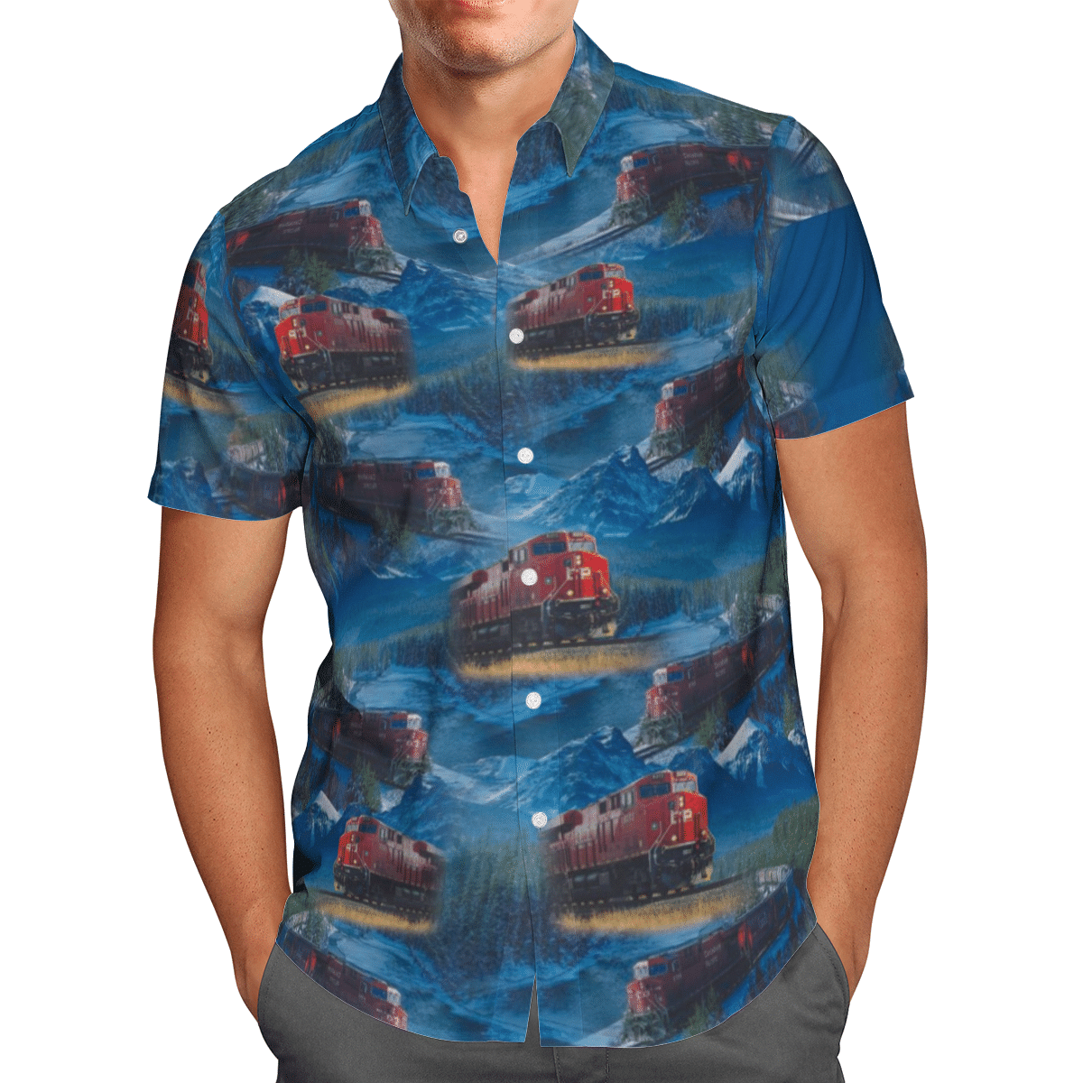 Canadian Locomotive Railway Trains Blue High Quality Unisex Hawaiian Shirt