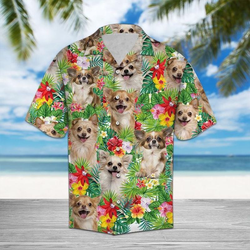 Chihuahua Flower Green Unique Design Unisex Hawaiian Shirt