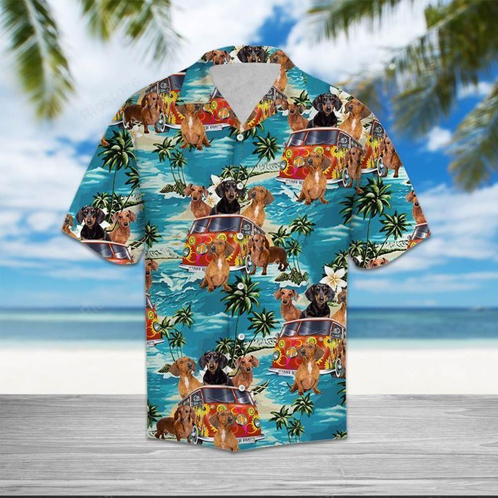 Dachshund Hippie Summer Blue Unique Design Unisex Hawaiian Shirt