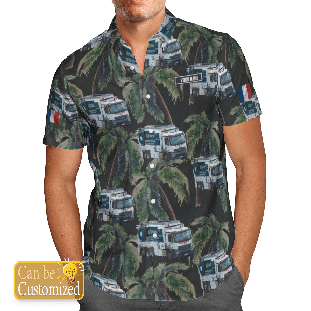 French Waste Collector Truck Personalized Green Amazing Design Unisex Hawaiian Shirt