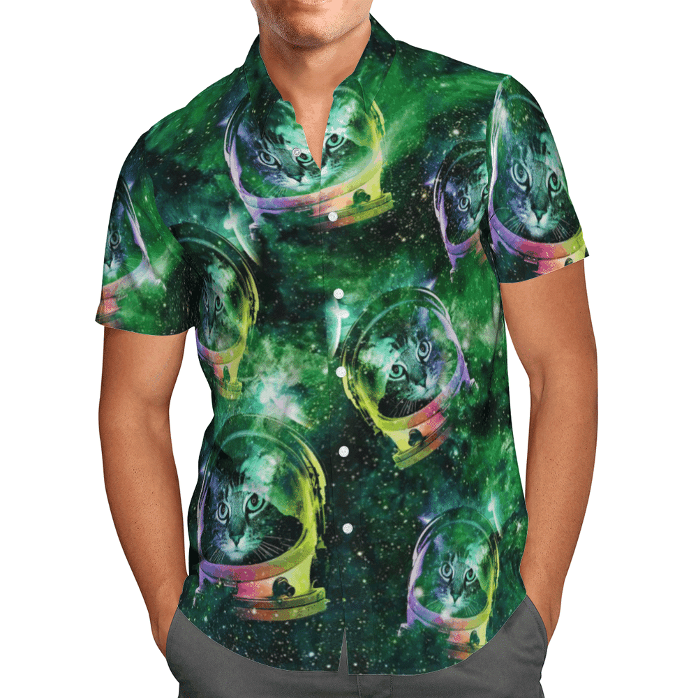 Galaxy Cat Green High Quality Unisex Hawaiian Shirt