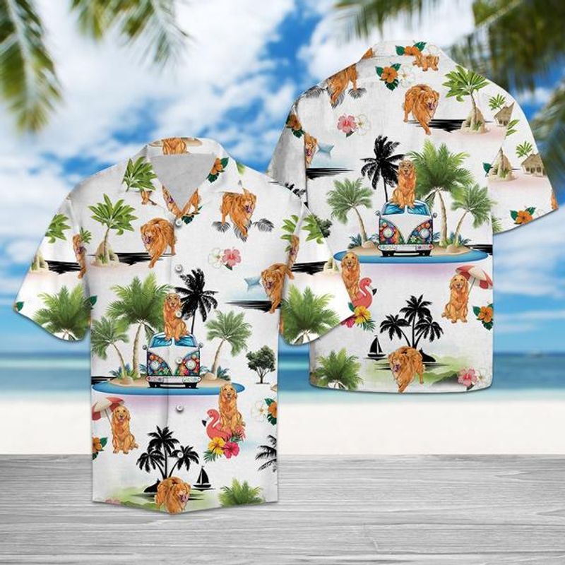 Golden Retriever Vacation White Unique Design Unisex Hawaiian Shirt