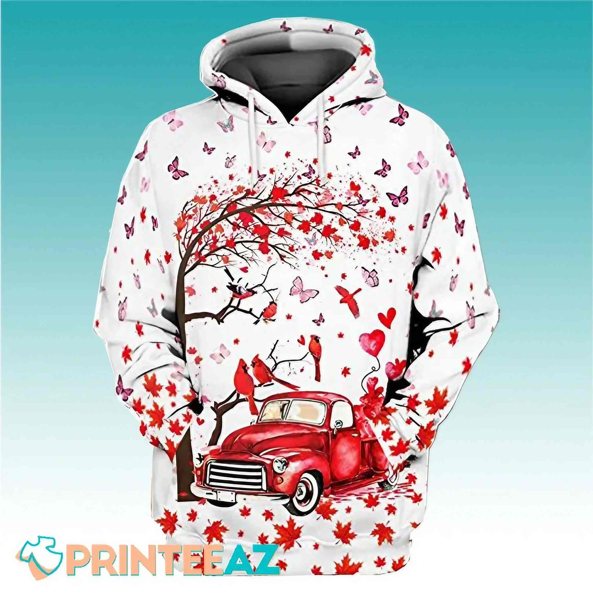 Valentines Day With Cardinal Red Truck Butterfly Maple Leaves 3D Hoodie