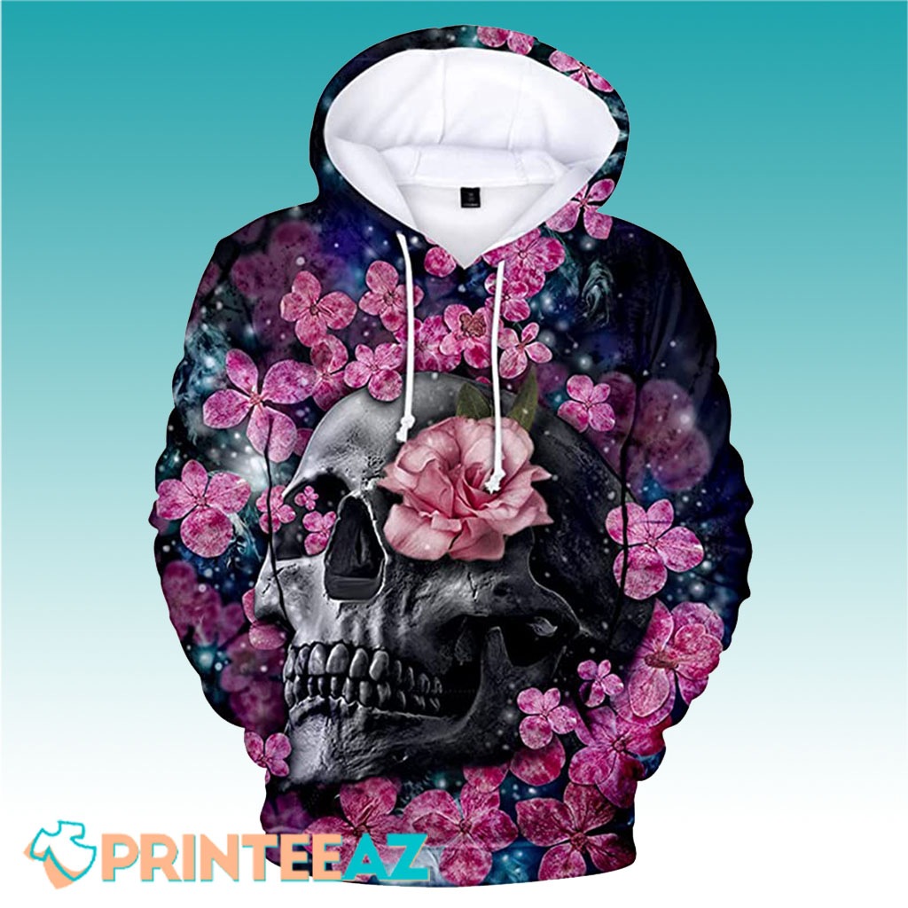 Valentines Day With Skull And Pink Flowers 3D Hoodie