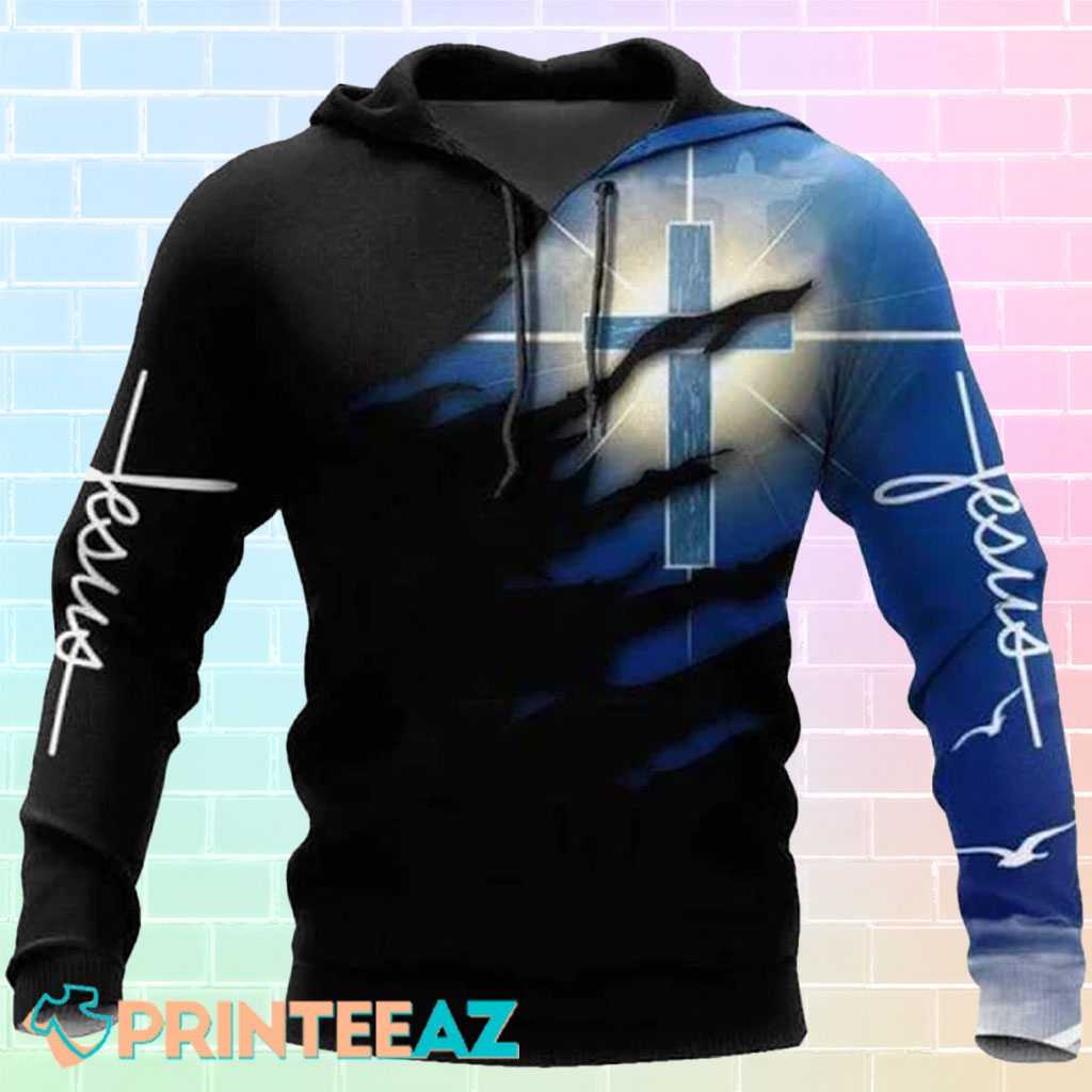 White Jesus Text And Blue Cross With Black And Blue 3D Hoodie