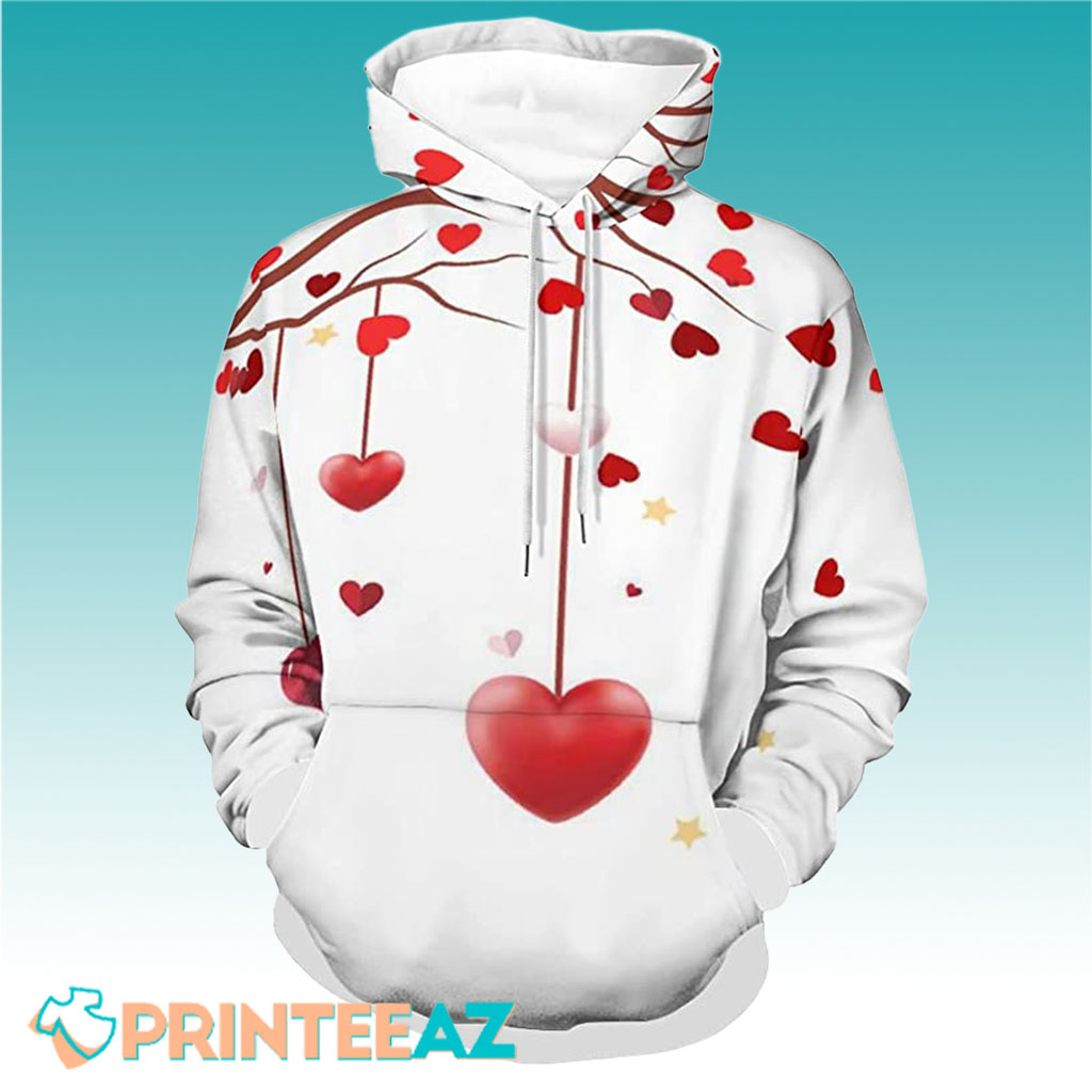 White Valentines Day With Red Hearts 3D Hoodie