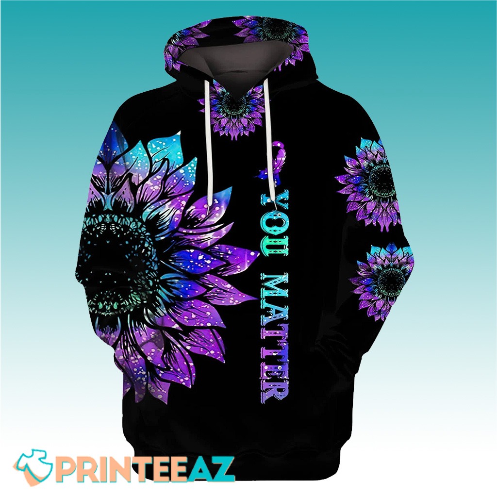 You Matter Suicide Prevention Awareness Suicide Awareness With Black And Purple Sunflower 3D Hoodie