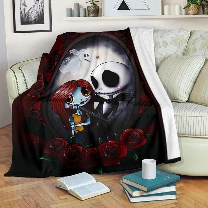 Chibi Jack Skellington Sally Roses In Love Couples Blanket