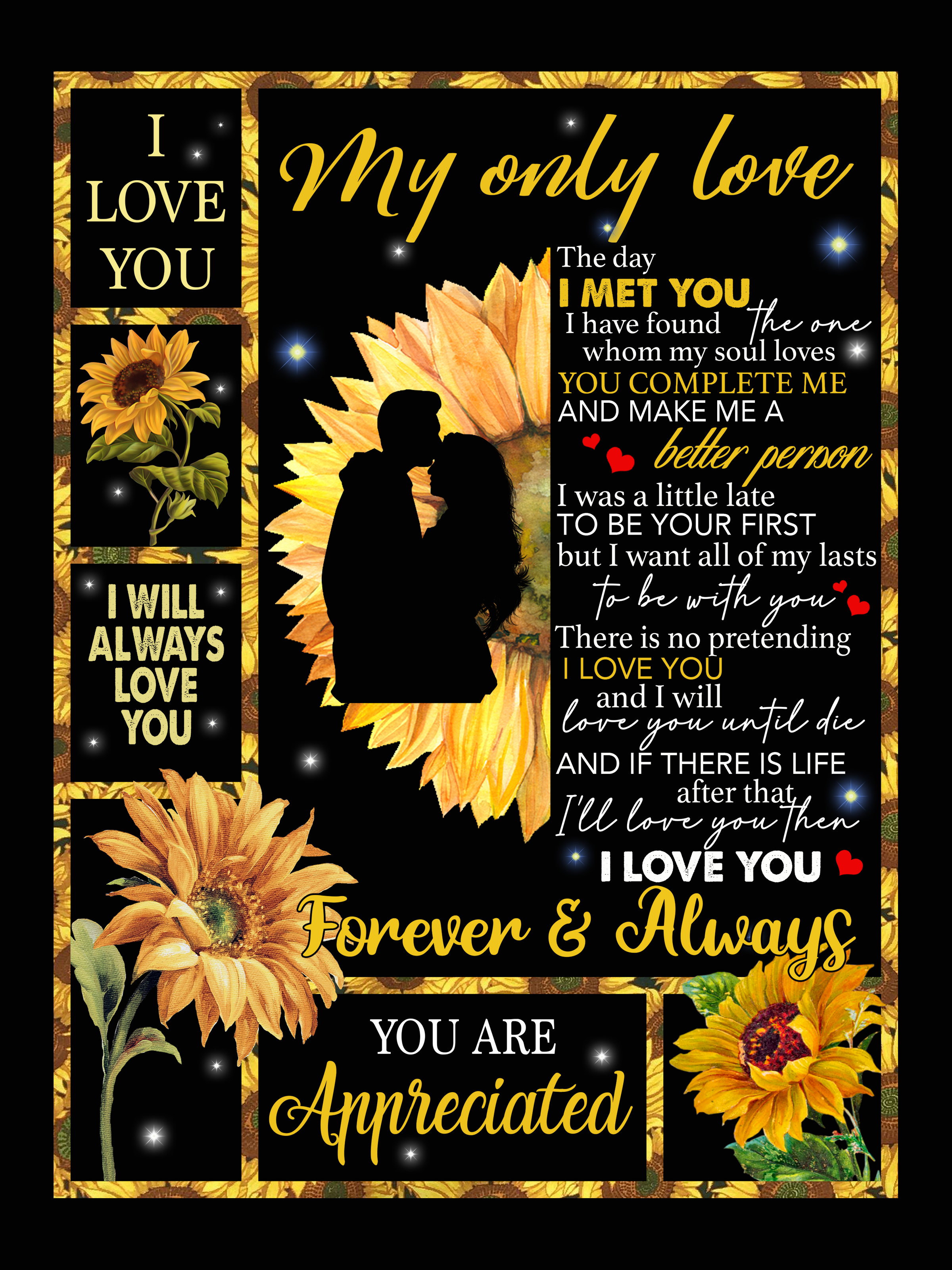 My Only Love Makes Me Better Person I Love You Forever Always Appreciated Sunflower Funny Gift For Husband Wife Boyfriend Girlfriend Black Fleece Blanket