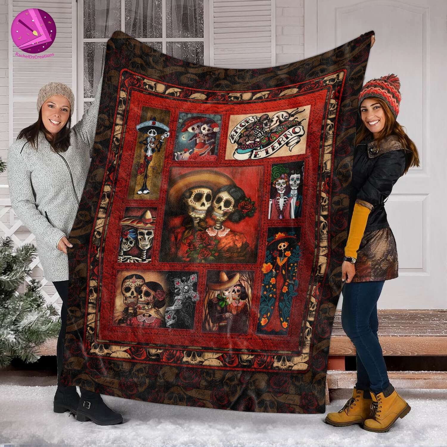 Sugar Skull Rose Couple Day Of The Dead Couples Blanket