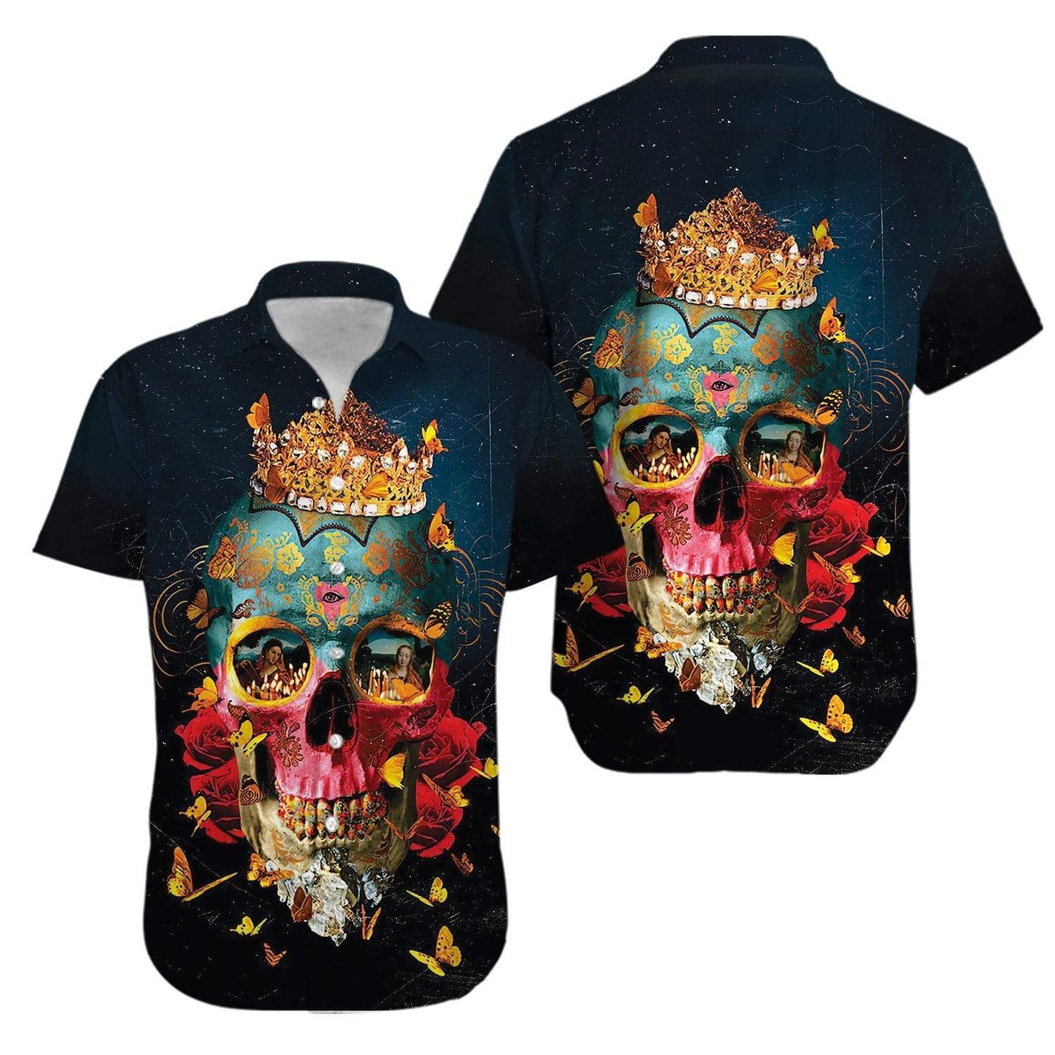 Get Here Crown Skull And Fire Girl Hawaiian Unisex Aloha Shirts