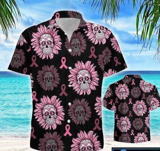 Get Here Hawaiian Aloha Shirts Skull Breast Cancer Pink Flower