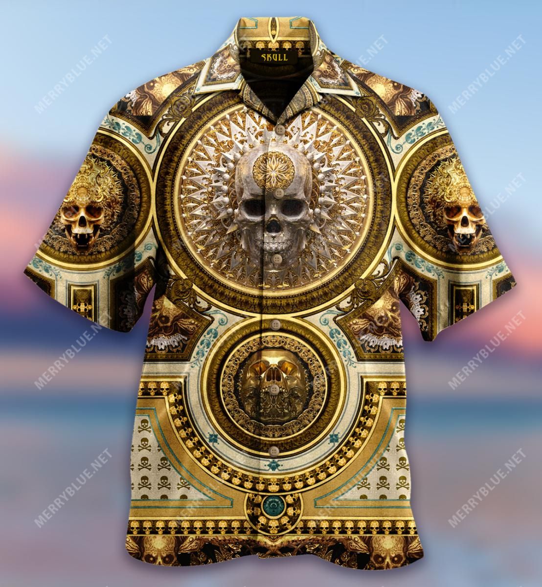 Gold Mandala Skull Aloha Hawaiian Shirt Colorful Short Sleeve Summer Beach Casual Shirt