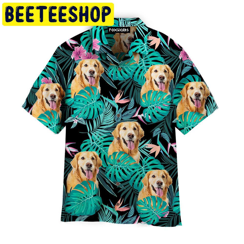 Golden Retriever Dog Palm Leaves Tropical Pattern Hawaiian Shirt-1