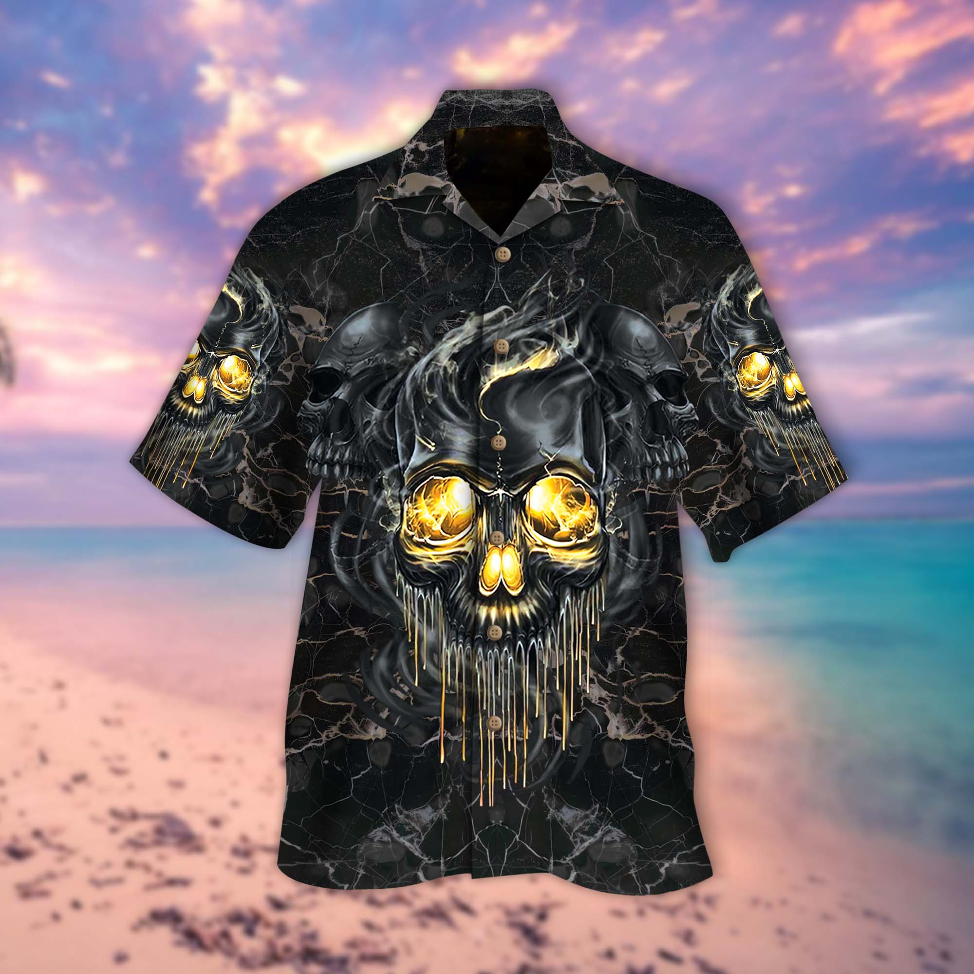 Golden Smoke Skull Hawaiian Shirt