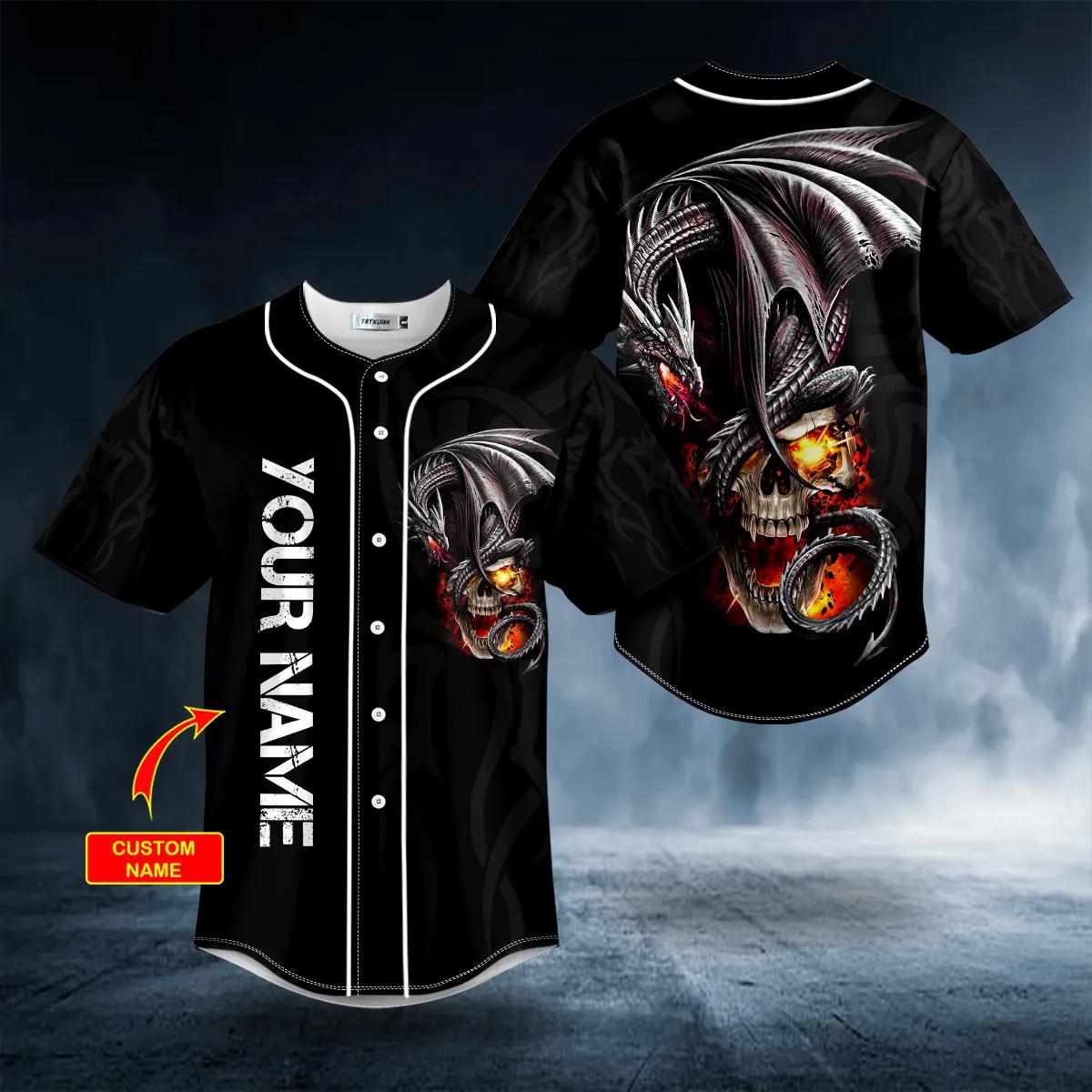 Black Gothic Dragon Fire Skull Custom Baseball Jersey