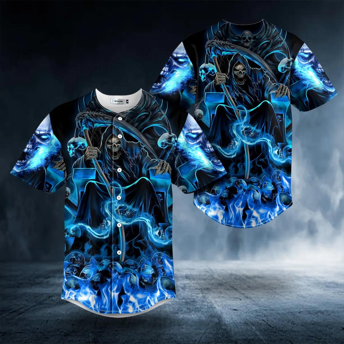 Blue Fire Grim Reaper Skull Baseball Jersey