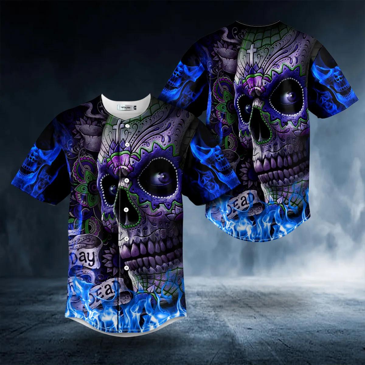 Blue Flame Cross Sugar Skull Trending Baseball Jersey Shirt