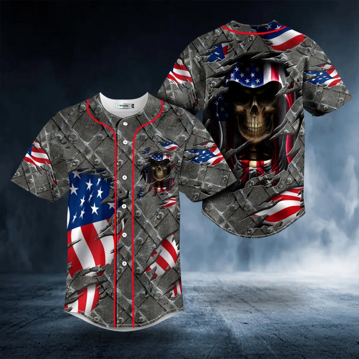 Grim Reaper American Flag Patriotic Skull Baseball Jersey