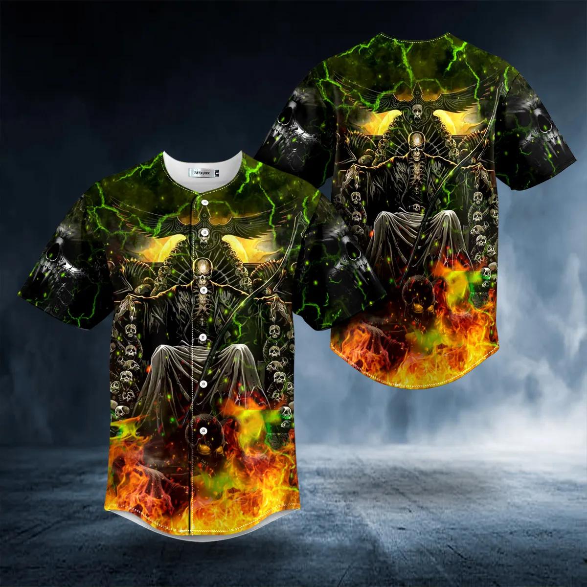 Grim Reaper Throne Zombie Ghost Fire Lightning Skull Baseball Jersey