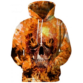 ORANGE FLAME FIERCE SKULL 3D STREET WEAR HOODIE