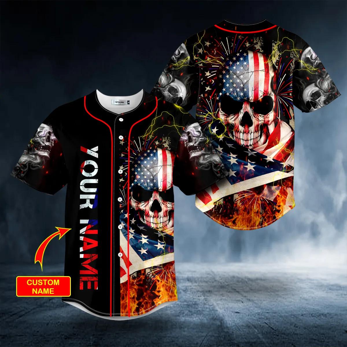 American Flag Firework Lightning Fire Skull Custom Baseball Jersey