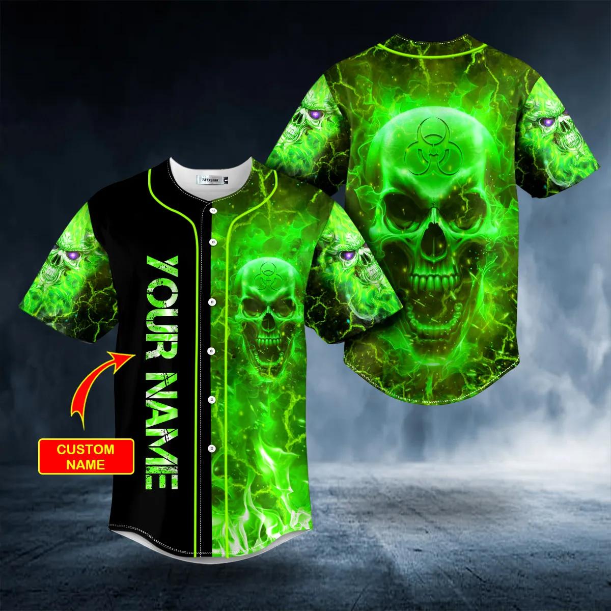 Biohazard Green Fire Skull Custom Baseball Jersey - Wow Tshirt Store Online