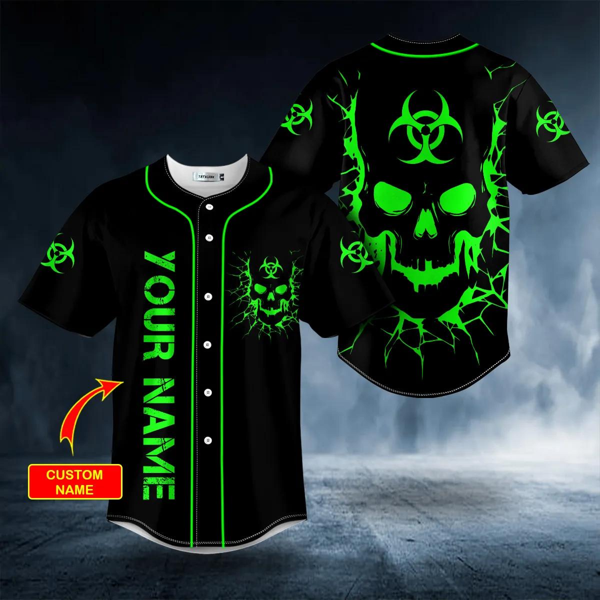 Biohazard Symbol Green Flame Skull Custom Baseball Jersey