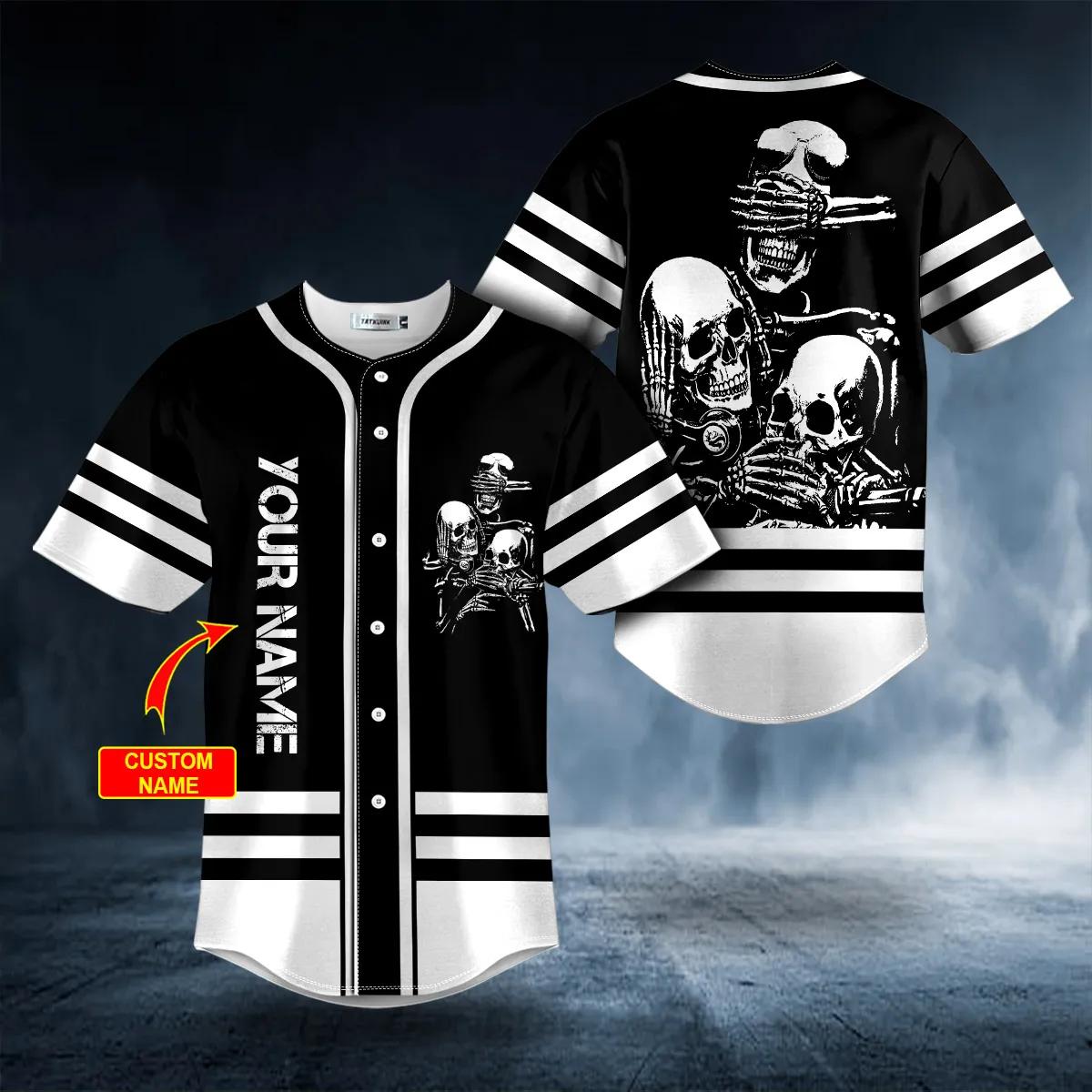 Black And White No Hear No See No Speak Skull Custom Baseball Jersey