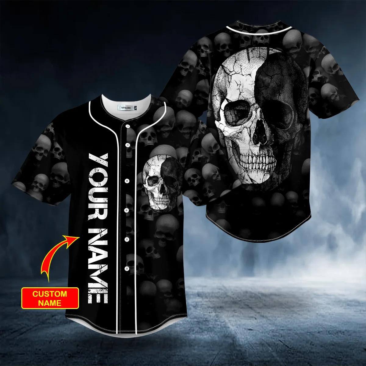 Black White Crack Skull Custom Baseball Jersey