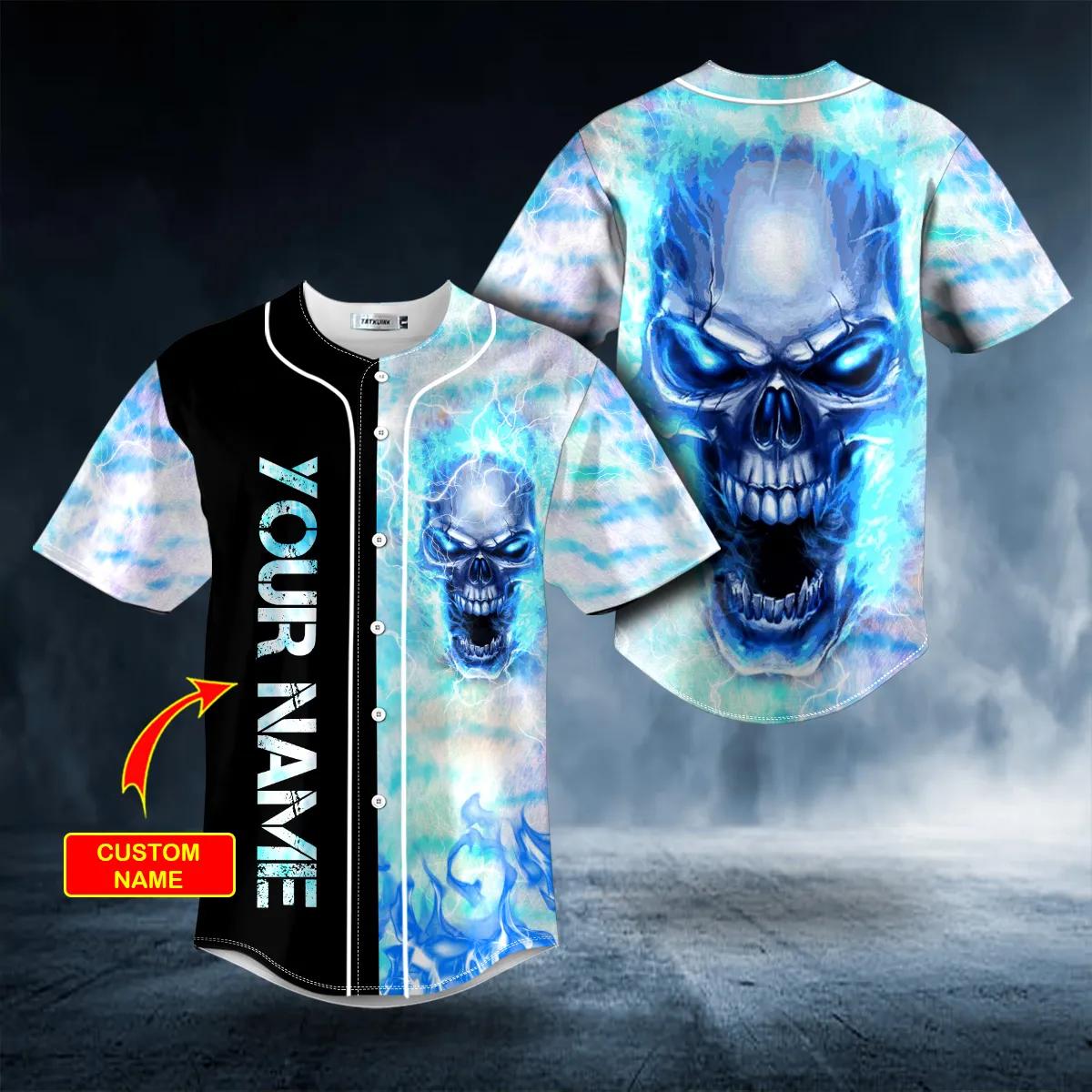 Blue Fire Skull Custom Baseball Jersey