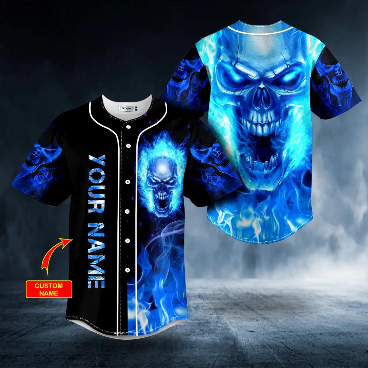 Blue Flaming Skull Custom Baseball Jersey