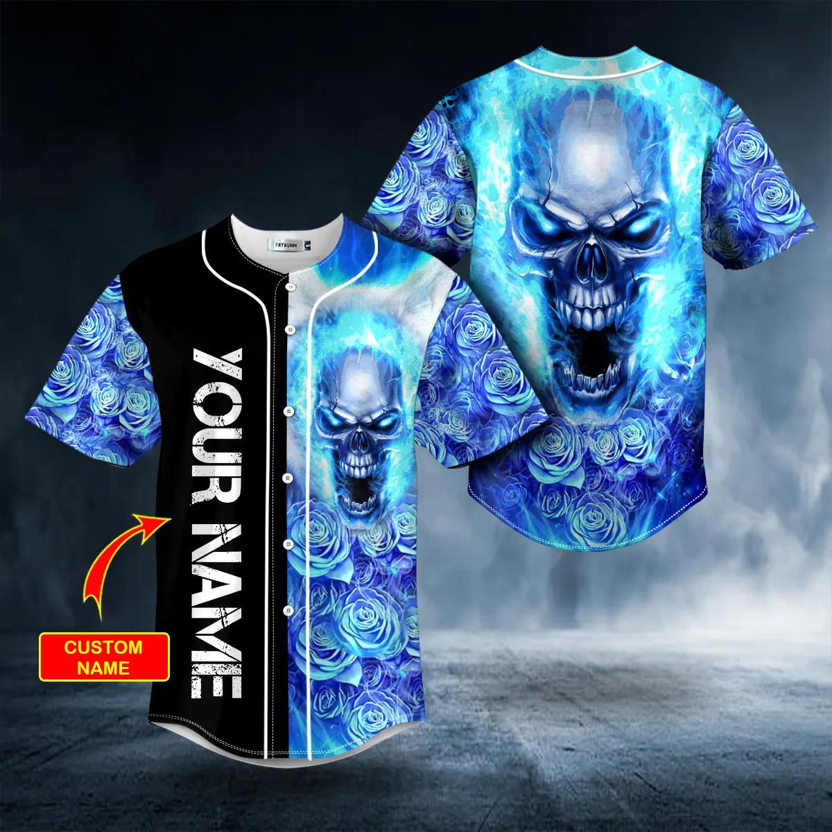 Blue Rose Burning Skull Custom Baseball Jersey