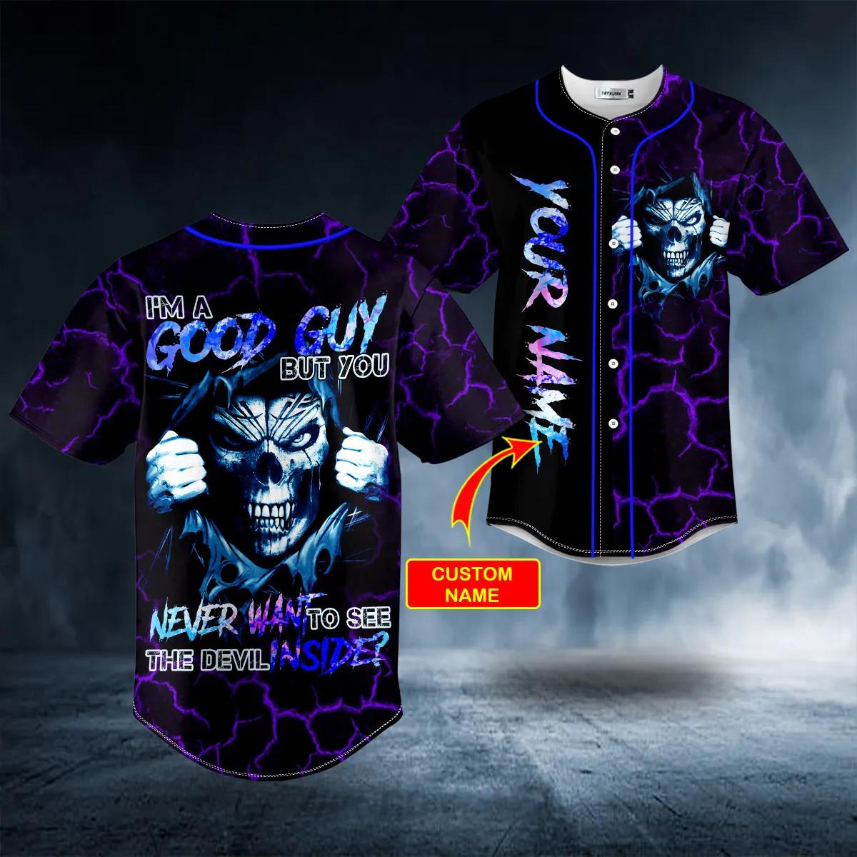 Good Guy Devil Inside Grim Reaper Purple Lightning Skull Custom Baseball Jersey